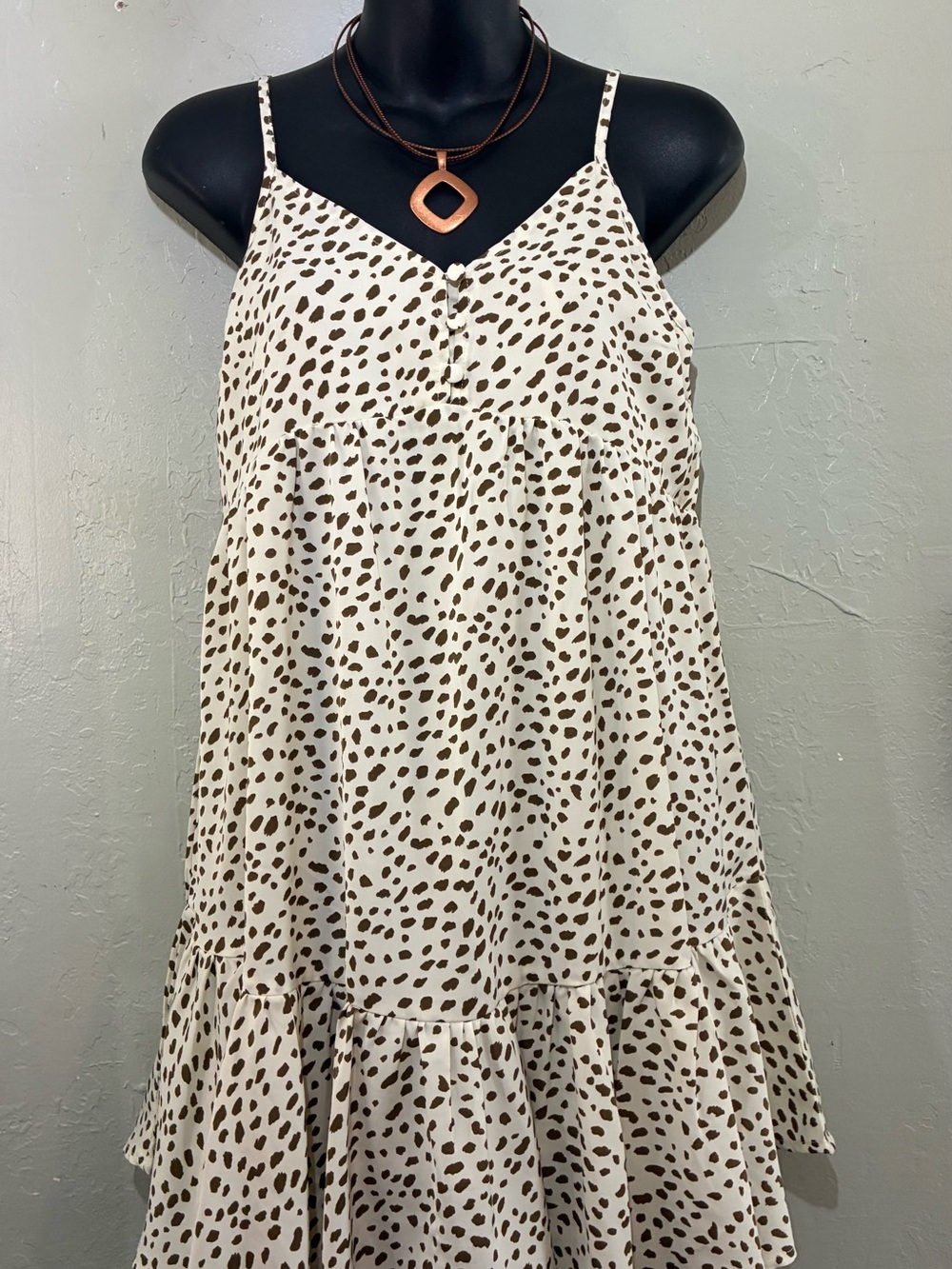 Spotted Tiered Cami Mini Dress in Cream and Brown